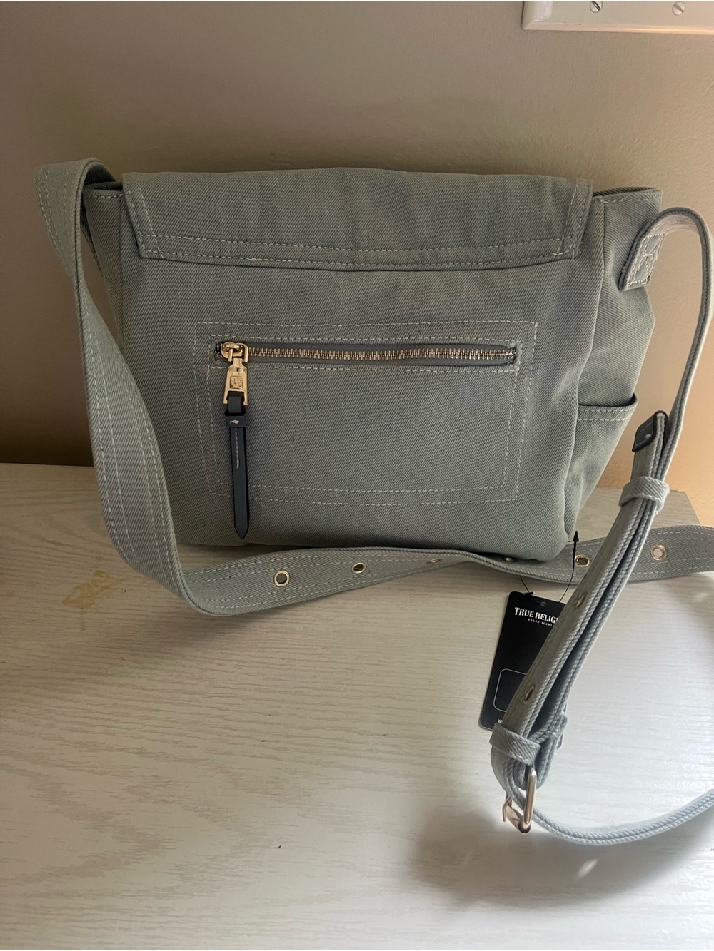 True Religion Light GrayCanvas Messenger Bag with Embroidered Logo - Picture 10 of 10